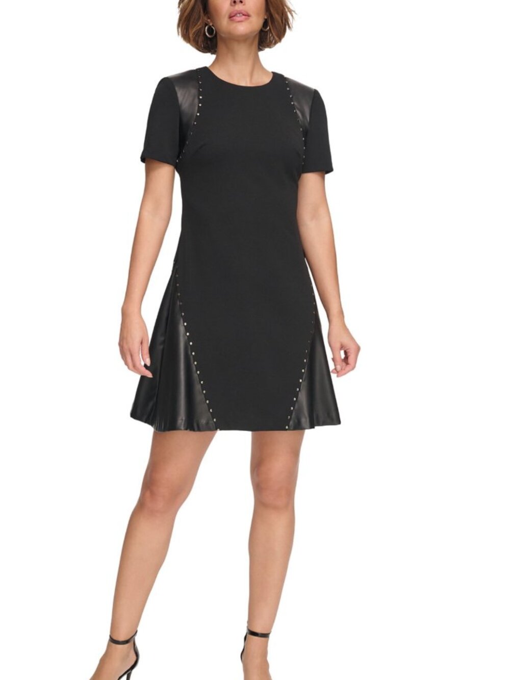 DKNY Womens Black Faux Leather Detail Short-Sleeve Studded A-Line Dress Size 14